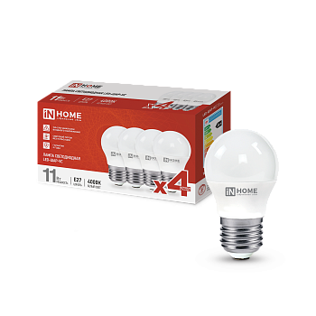 Лампа светодиодная LED-ШАР-VC 4PACK 11Вт 230В Е27 4000К 1050Лм (4шт./упак) IN HOME в Находке