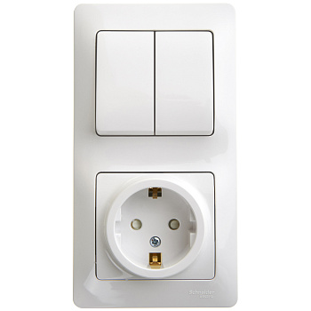 Выключатель двухклавишный с розеткой Glossa SE с заземлением со шторками белый в Находке
