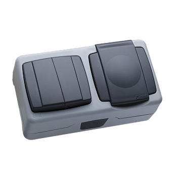 Блок розетка одинарная с з/к с крышкой+выключатель двухклавишный накладной Makel IP55 серый в Находке