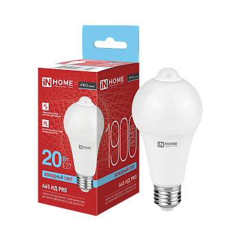 Лампа светодиодная LED-A65 ИД-PRO 20Вт 230В Е27 6500К 1900Лм 5м 35сек с инфракрасным датчиком и датчиком освещенности IN HOME в Находке