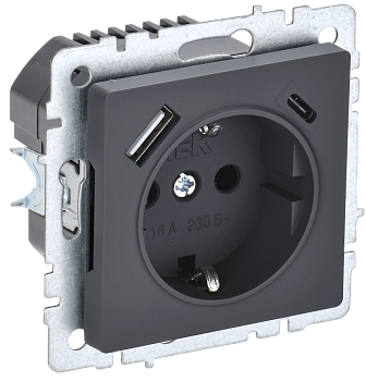 Розетка одинарная с з/к со шторками 16А с USB A+C 18Вт BRITE IEK графит в Находке