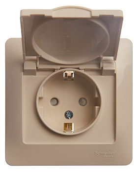 Розетка одинарная Glossa SE с крышкой с заземлением бежевая в сборе в Находке