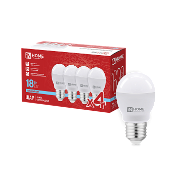 Лампа светодиодная LED-ШАР-VC 4PACK 18Вт 230В Е27 6500К 1620Лм (4шт./упак) IN HOME в Находке