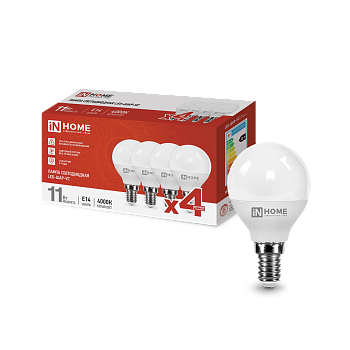 Лампа светодиодная LED-ШАР-VC 4PACK 11Вт 230В Е14 4000К 1050Лм (4шт./упак) IN HOME в Находке