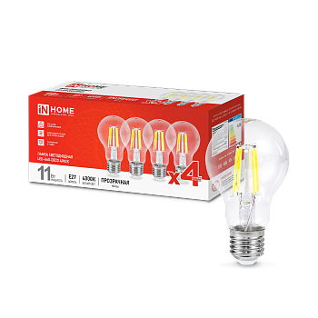 Лампа светодиодная LED-A60-deco 4PACK 11Вт 230В Е27 4000К 1160Лм (4шт./упак) прозрачная IN HOME в Находке