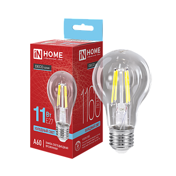 Лампа светодиодная LED-A60-deco 11Вт 230В Е27 6500К 1160Лм прозрачная IN HOME в Находке