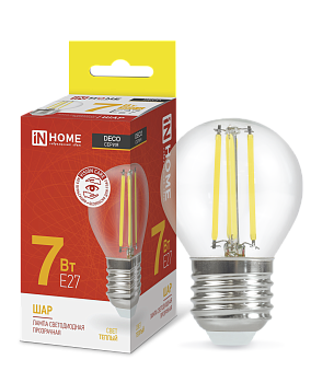 Лампа светодиодная LED-ШАР-deco 7Вт 230В Е27 3000К 810Лм прозрачная IN HOME в Находке