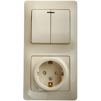 Выключатель двухклавишный с розеткой Glossa SE с заземлением со шторками с подсветкой бежевый в Находке
