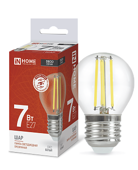 Лампа светодиодная LED-ШАР-deco 7Вт 230В Е27 4000К 810Лм прозрачная IN HOME в Находке