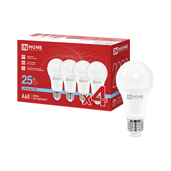 Лампа светодиодная LED-A60-VC 4PACK 25Вт 230В Е27 6500К 2380Лм (4шт./упак) IN HOME в Находке