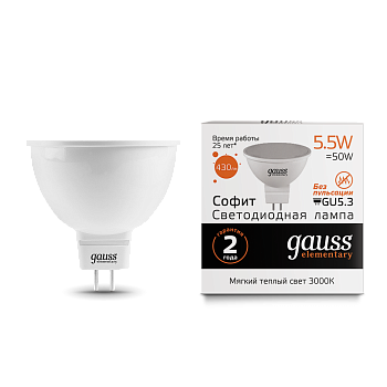 Лампа светодиодная LED-MR16 GU5.3 5.5Вт 3000К 430Лм Elementary GAUSS в Находке