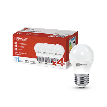 Лампа светодиодная LED-ШАР-VC 4PACK 11Вт 230В Е27 6500К 1050Лм (4шт./упак) IN HOME в Находке