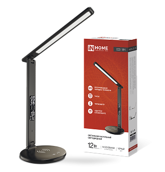 Светильник настольный светодиодный PLUS ССО-18Ч 12Вт 3000-6500К 600Лм сенсор, с беспроводной зарядкой, часы, температура, с адаптером ЧЕРНЫЙ IN HOME в Находке