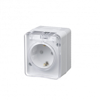 Розетка одинарная AtlasDesign SE Profi54 накладная с з/к со шторками с крышкой белая в Находке