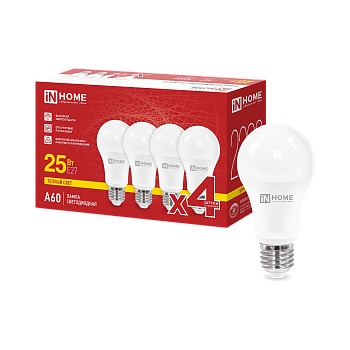 Лампа светодиодная LED-A60-VC 4PACK 25Вт 230В Е27 3000К 2380Лм (4шт./упак) IN HOME в Находке