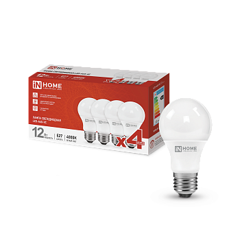 Лампа светодиодная LED-A60-VC 4PACK 12Вт 230В Е27 4000К 1140Лм (4шт./упак) IN HOME в Находке